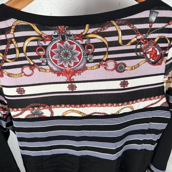 Feratelli Womens Medium Blouse Belted Art Stretch Black 3/4 Sleeves Striped - Picture 12 of 16